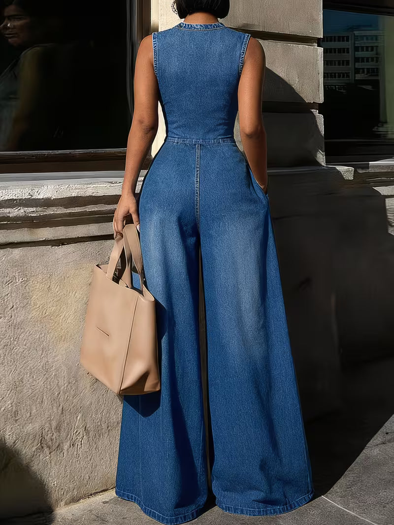 FZ Women's Sleeveless Flared Leg Pleated Waist Wide-Leg Denim Jumpsuit