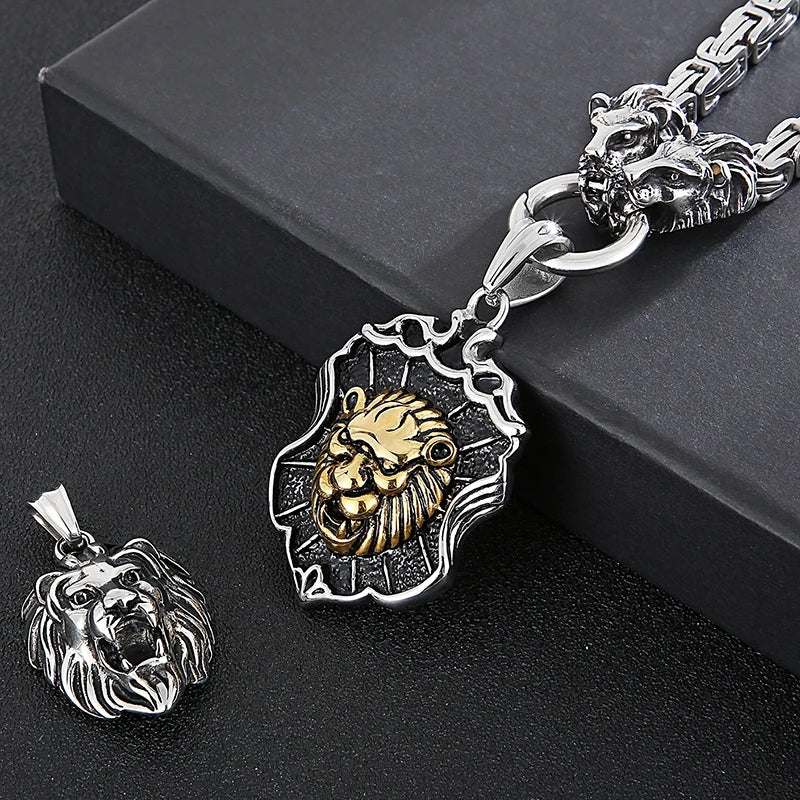 FZ Gothic Lion Head Charm Pendant Stainless Steel Necklace