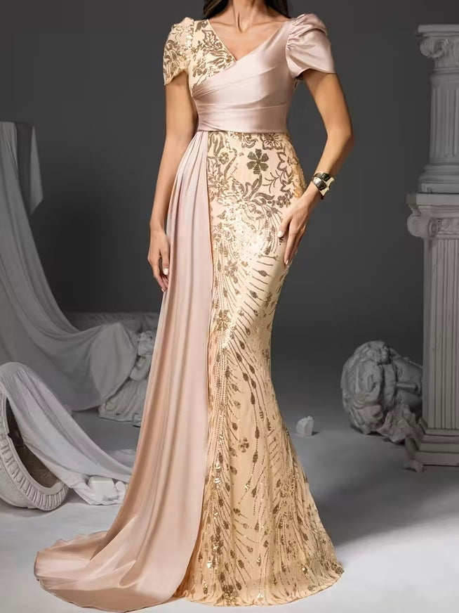 FZ Women's Floral Print Mermaid Sequin Detailing, V-Neck & Puff Sleeves Evening Dress