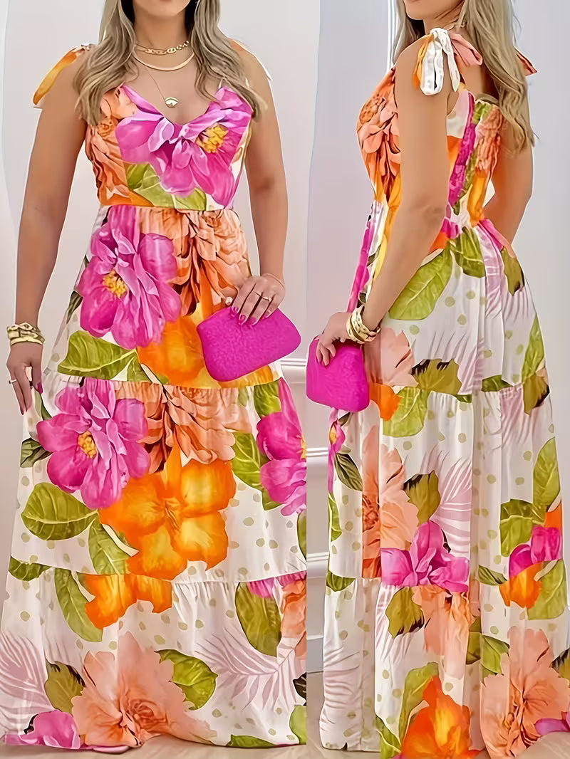 FZ Women's Plus Size V-Neck Flared hem Floral Maxi Sundress