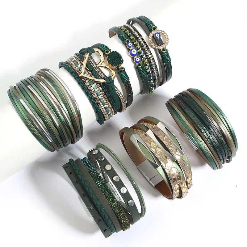 FZ Bohemia Evil Eye Heart Circle Wrap Multilayer Leather Bracelet - FZwear