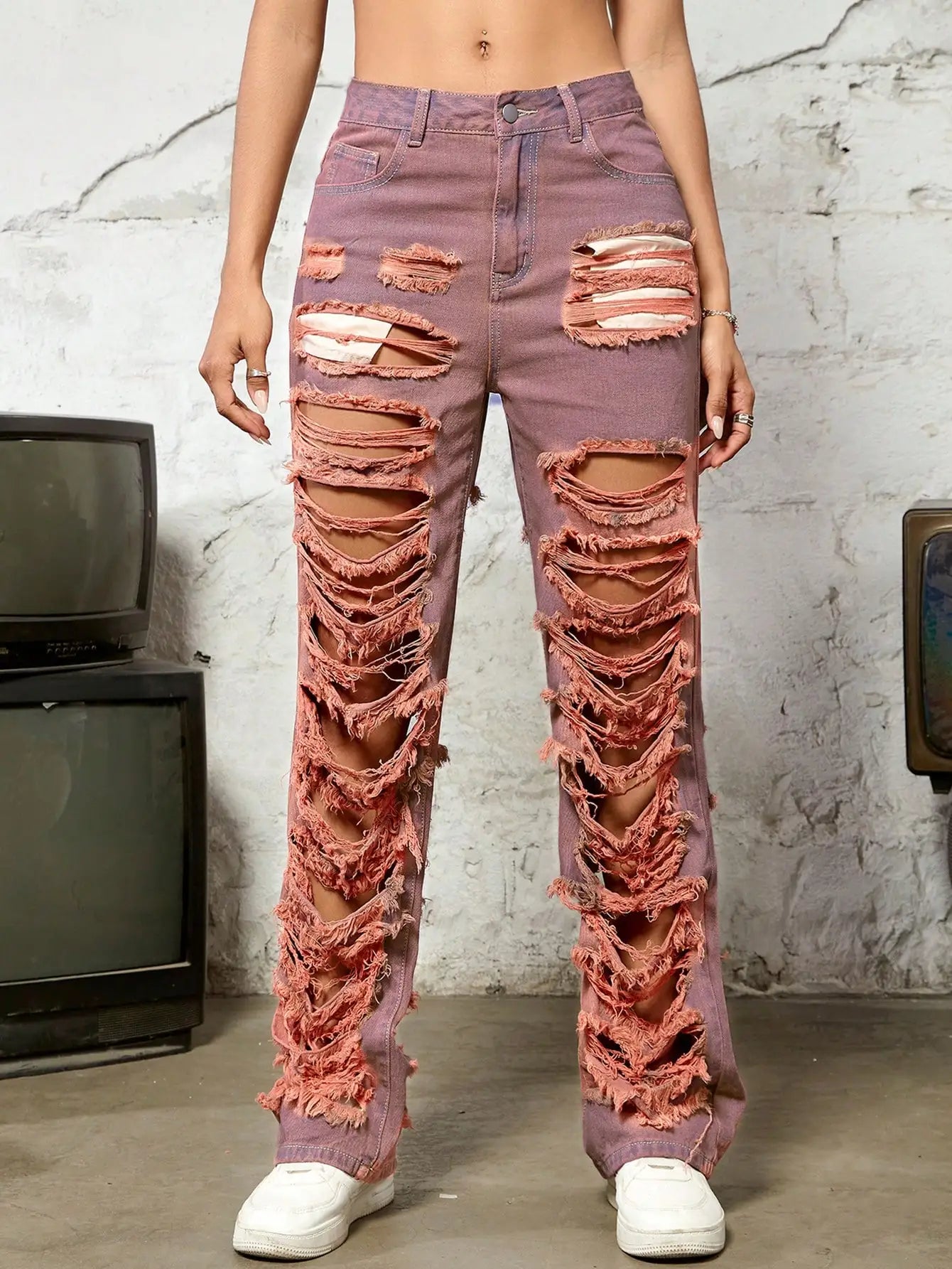 FZ Women's Street High Waist Slant Pocket Ripped Wide Straight Leg Denim Pants - FZwear