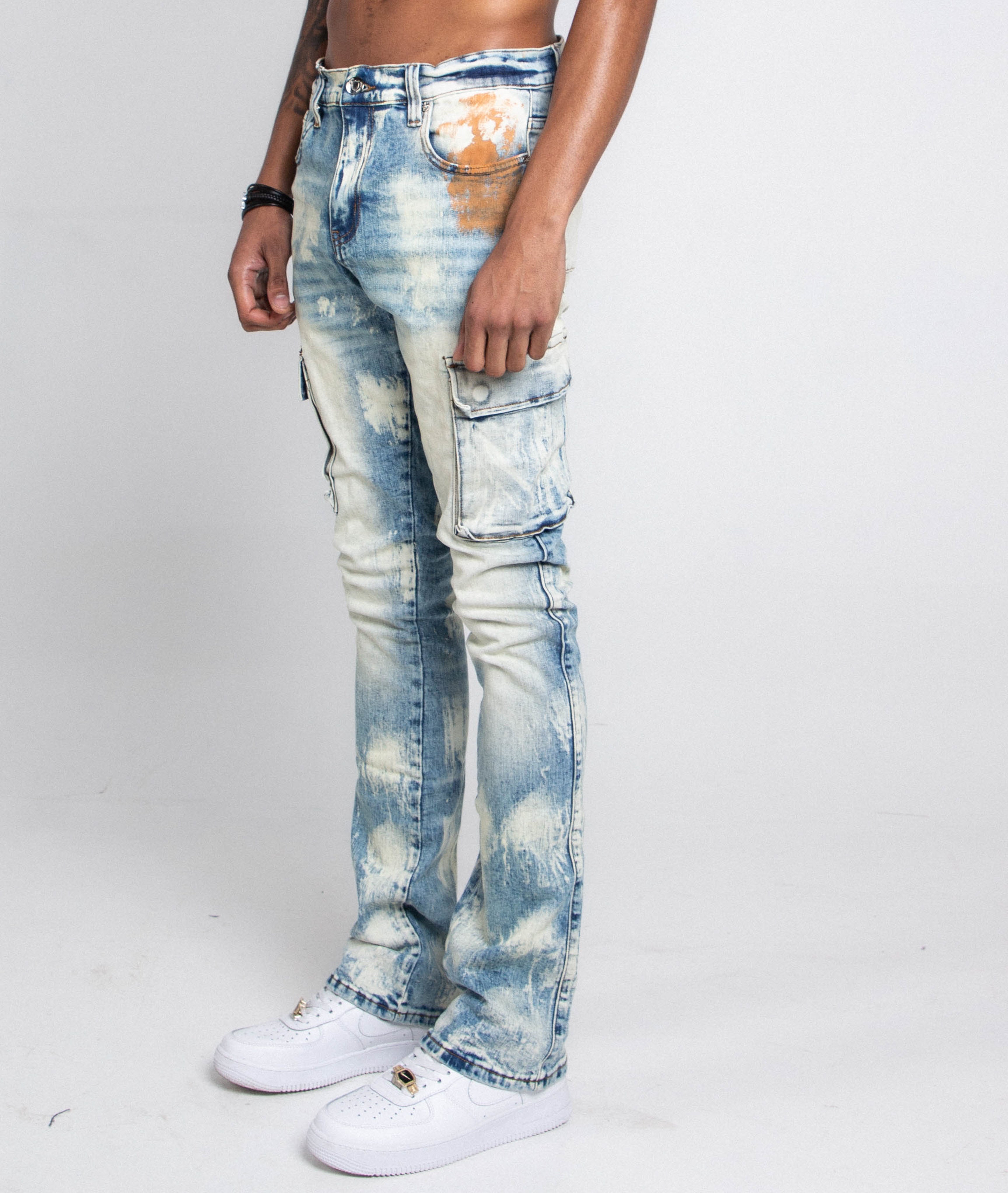 AJ29SK GREY/WHITE WASH STACKED CARGO JEANS PANTS