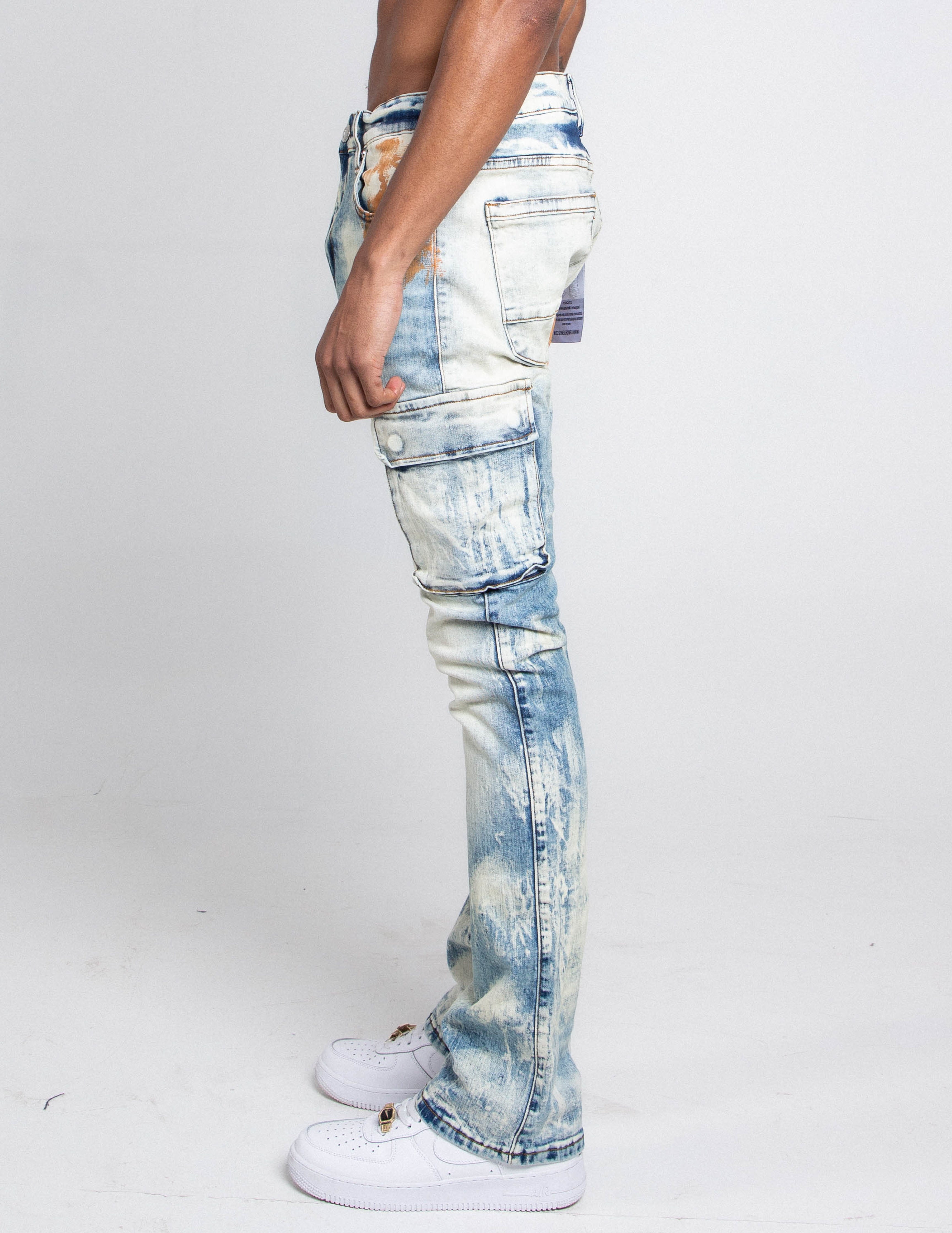 AJ29SK GREY/WHITE WASH STACKED CARGO JEANS PANTS