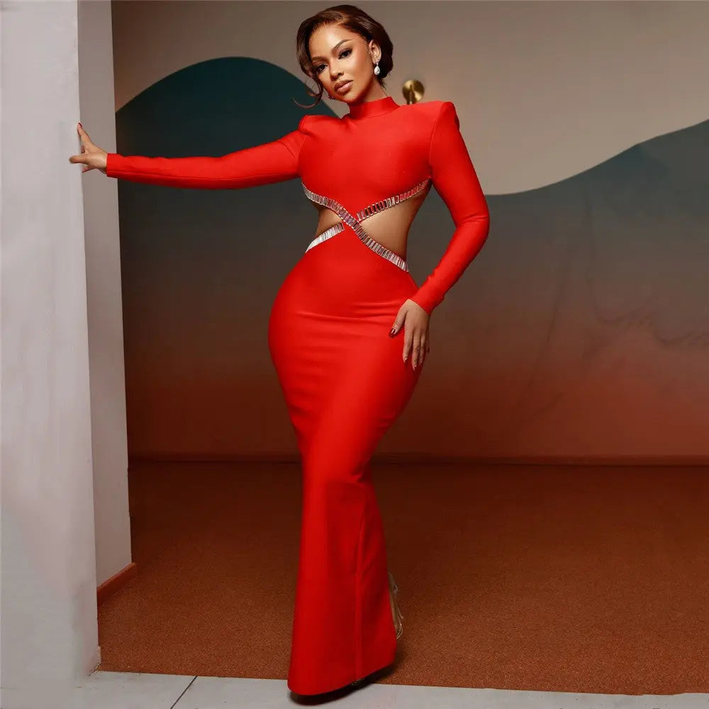 Autumn Sexy Hollow Out Cutout out Rhinestone Slim Fit Long Sleeve Bandage Dress Socialite Elegant Dress Locket