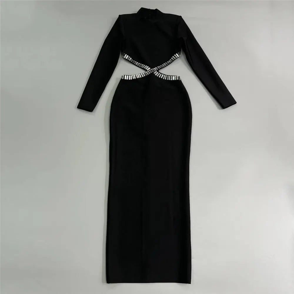 Autumn Sexy Hollow Out Cutout out Rhinestone Slim Fit Long Sleeve Bandage Dress Socialite Elegant Dress Locket