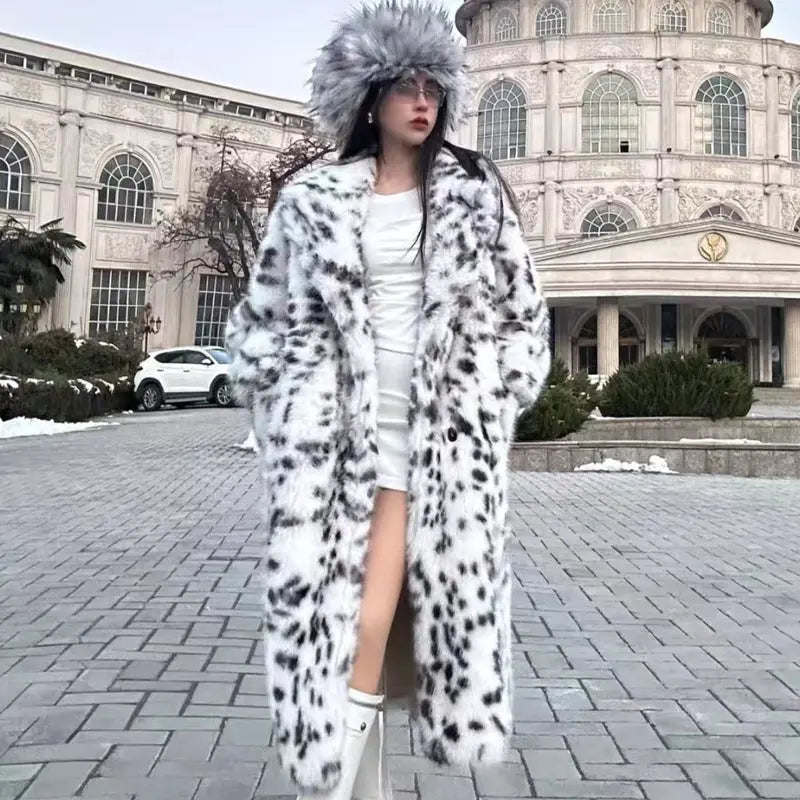 Autumn Winter Faux Fur Coat Women Collar Belt Long Leopard Print Fox Fur Overcoat Sunrise