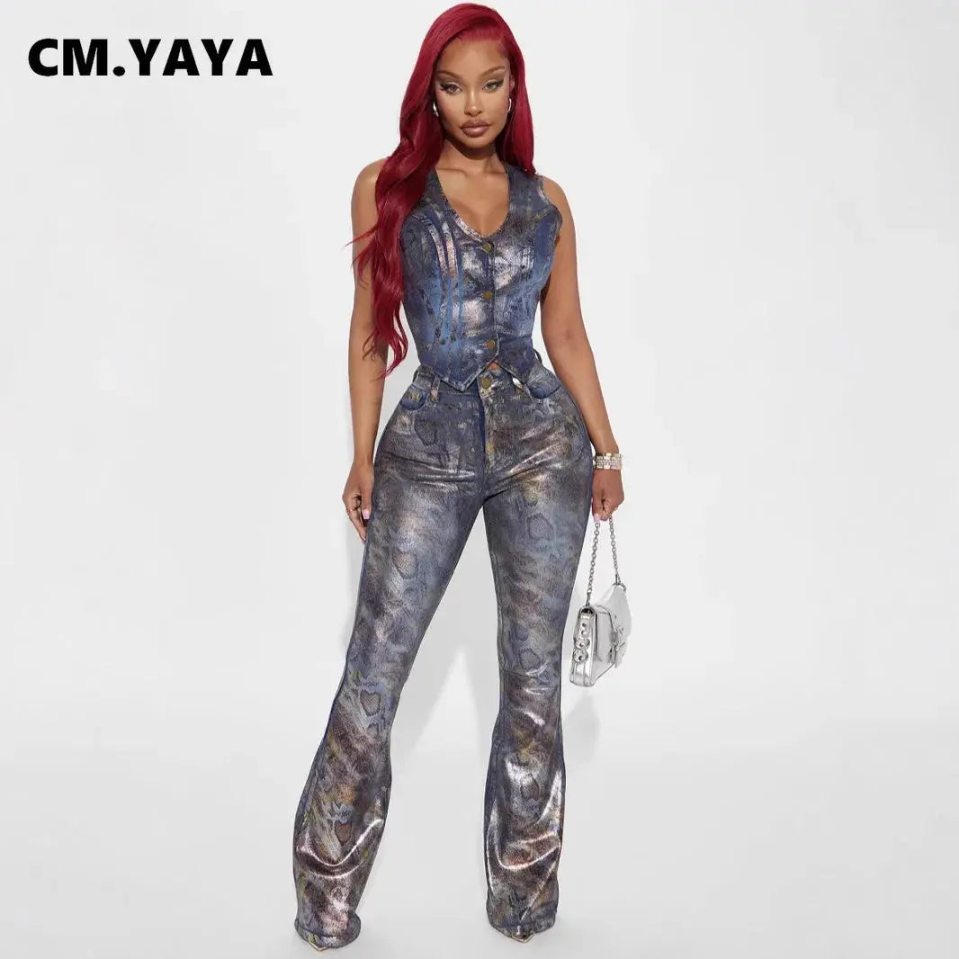 CM.YAYA Denim Women's Set Sleeveless Snakeskin grain Gold stamping tops and Jeans Pants Suit Elastic Two 2 Piece Set Outfits FZwear
