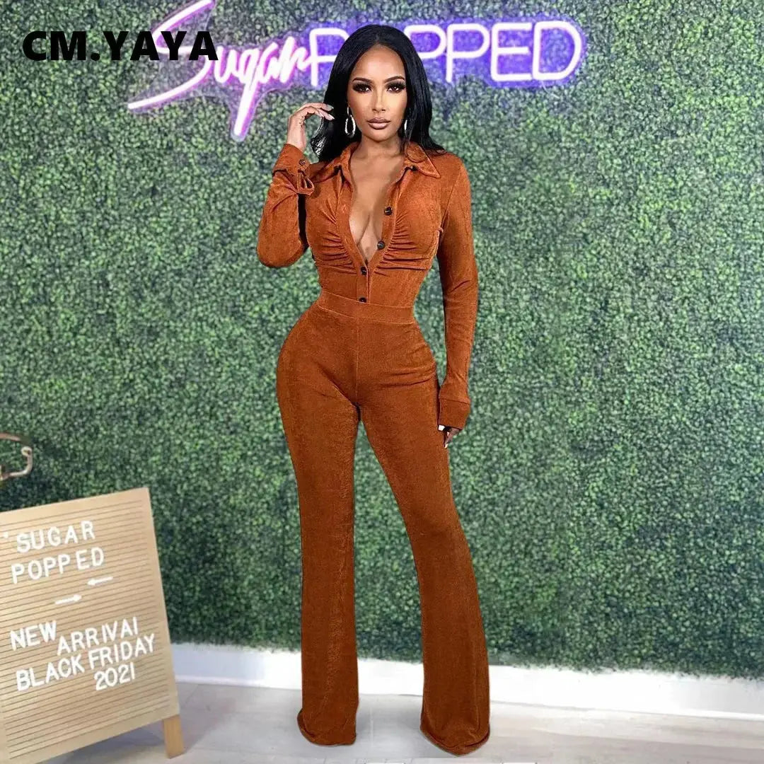 CM.YAYA Elegant Velvet Women Set Ruched Single Breasted Tunic Shirt and Flare Pants Suit Tracksuit Two Piece Set Fitness Outfits FZwear