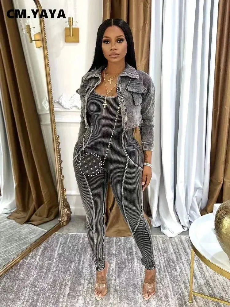 CM.YAYA Fashion Women's Set Washed Knitted Long Sleeve V-neck Coats+pencil Jumpsuits Active Two 2 Piece Set Outfits Tracksuit FZwear