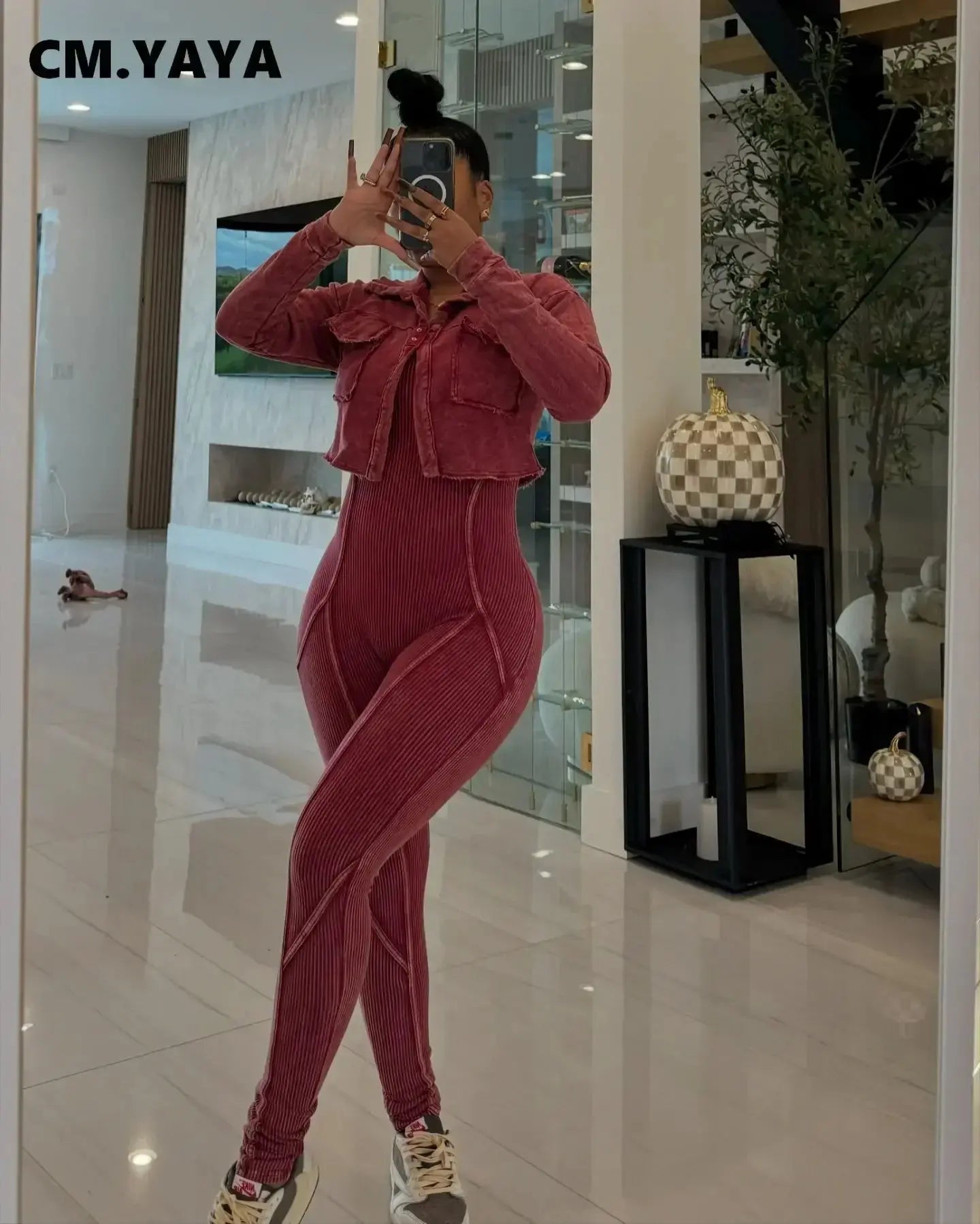 CM.YAYA Fashion Women's Set Washed Knitted Long Sleeve V-neck Coats+pencil Jumpsuits Active Two 2 Piece Set Outfits Tracksuit FZwear