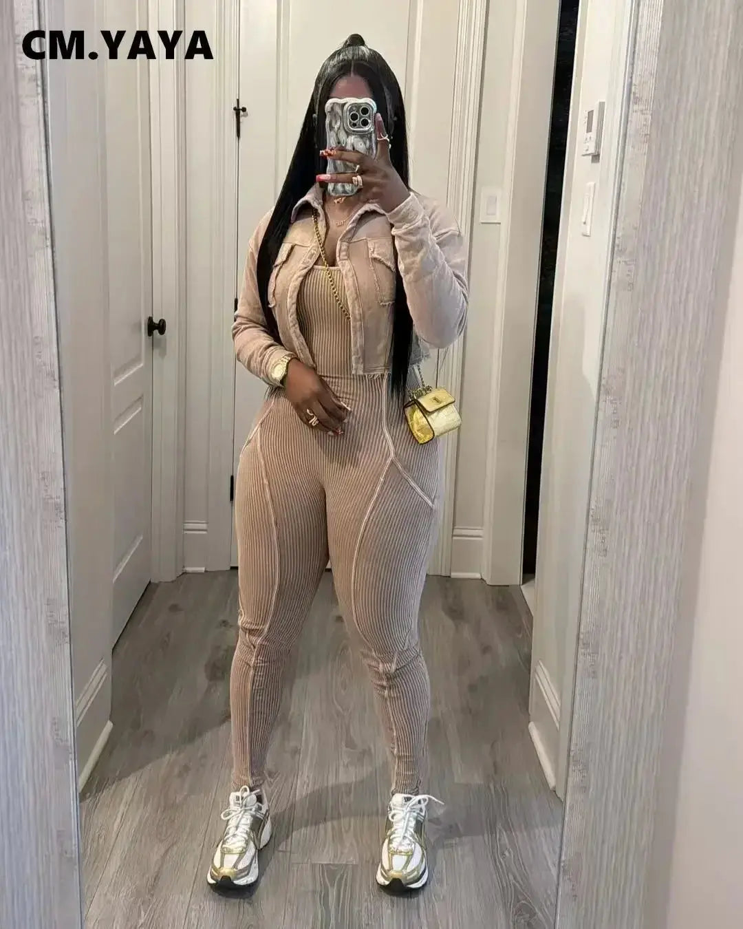 CM.YAYA Fashion Women's Set Washed Knitted Long Sleeve V-neck Coats+pencil Jumpsuits Active Two 2 Piece Set Outfits Tracksuit FZwear