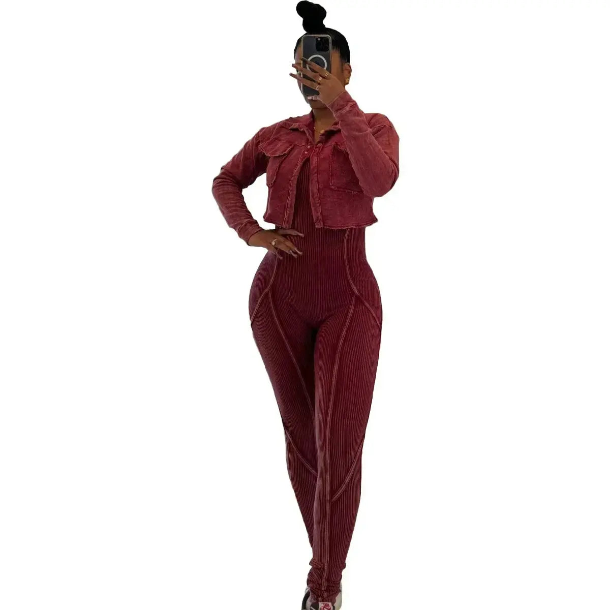 CM.YAYA Fashion Women's Set Washed Knitted Long Sleeve V-neck Coats+pencil Jumpsuits Active Two 2 Piece Set Outfits Tracksuit FZwear