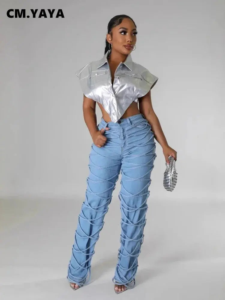 CM.YAYA Street Lace Up Denim Pants for Women High Waist Zipper Fly Jeans 2024 Fall Trousers Streetwear Straight Party Pants FZwear