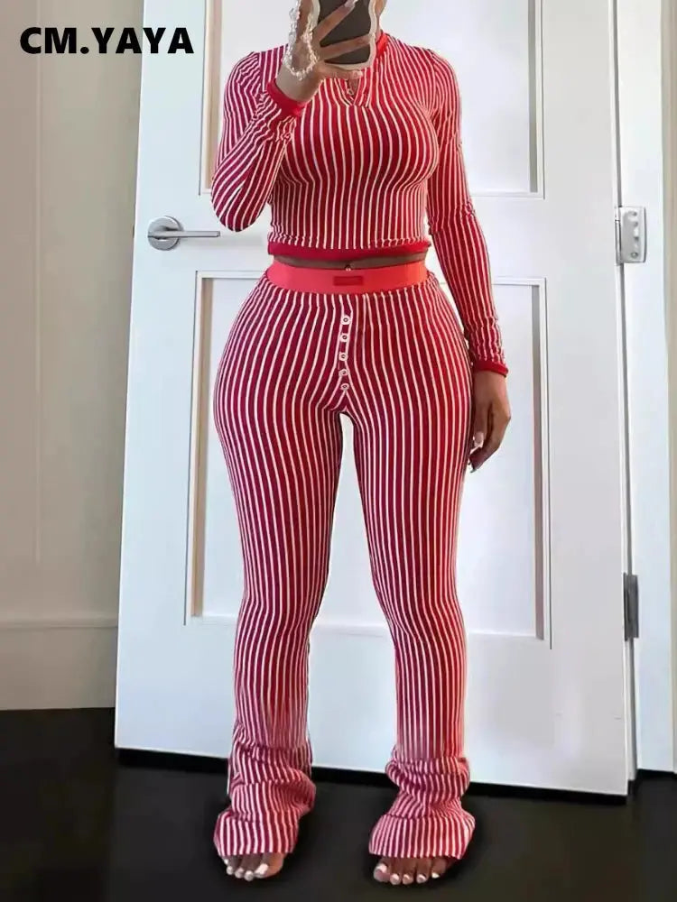 CM.YAYA Women's Set Long Sleeve Striped Crop T-shirt + Flare Pants Active Fitness Streetwear Two 2 Piece Sets Outfits Tracksuit FZwear
