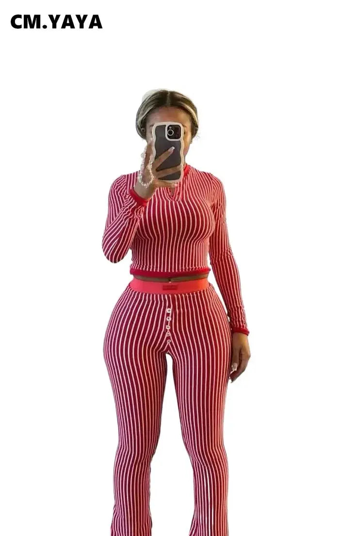 CM.YAYA Women's Set Long Sleeve Striped Crop T-shirt + Flare Pants Active Fitness Streetwear Two 2 Piece Sets Outfits Tracksuit FZwear