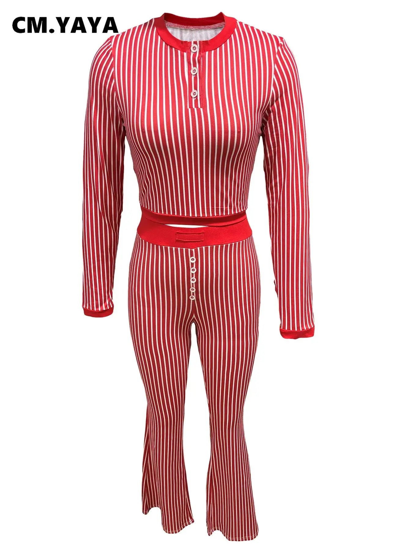 CM.YAYA Women's Set Long Sleeve Striped Crop T-shirt + Flare Pants Active Fitness Streetwear Two 2 Piece Sets Outfits Tracksuit FZwear
