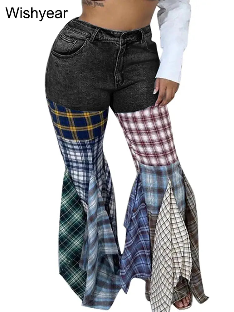 Colorful Plaid Patchwork Flare Baggy Jeans Women Fashion Mid Waist Streetwear Denim Boot Cut Pants Birthday Trouers y2k bottoms FZwear