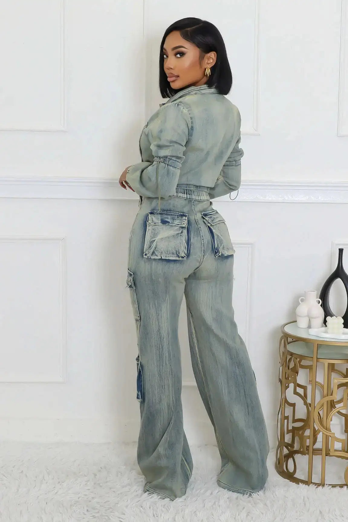 Denim Cropped Jackets 2 Piece Pant Set Sexy Outfits Y2K Streetwear 2024 Women Fall Winter Clothes Denim Jean Pant Two Piece Sets FZwear