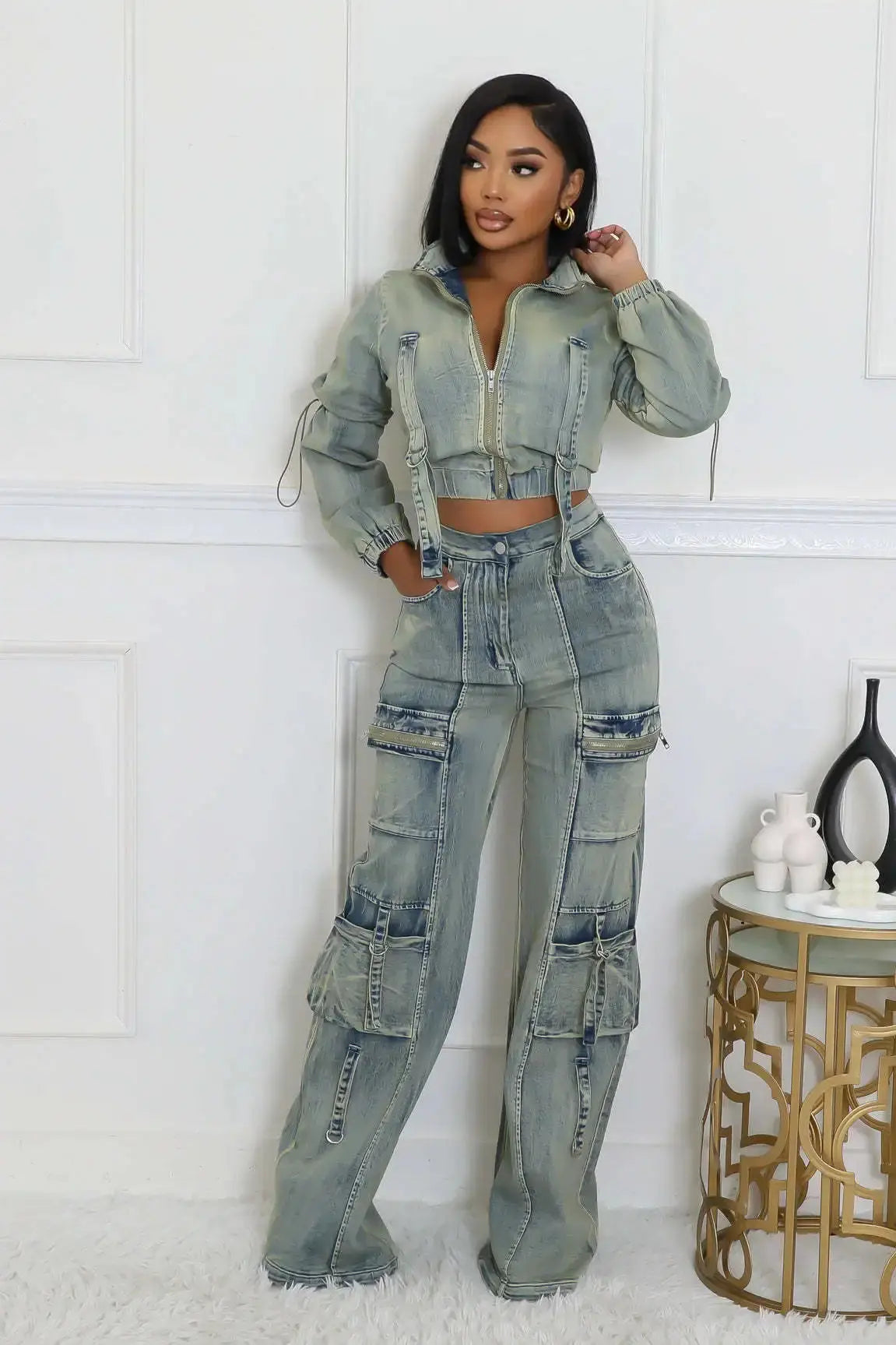 Denim Cropped Jackets 2 Piece Pant Set Sexy Outfits Y2K Streetwear 2024 Women Fall Winter Clothes Denim Jean Pant Two Piece Sets FZwear