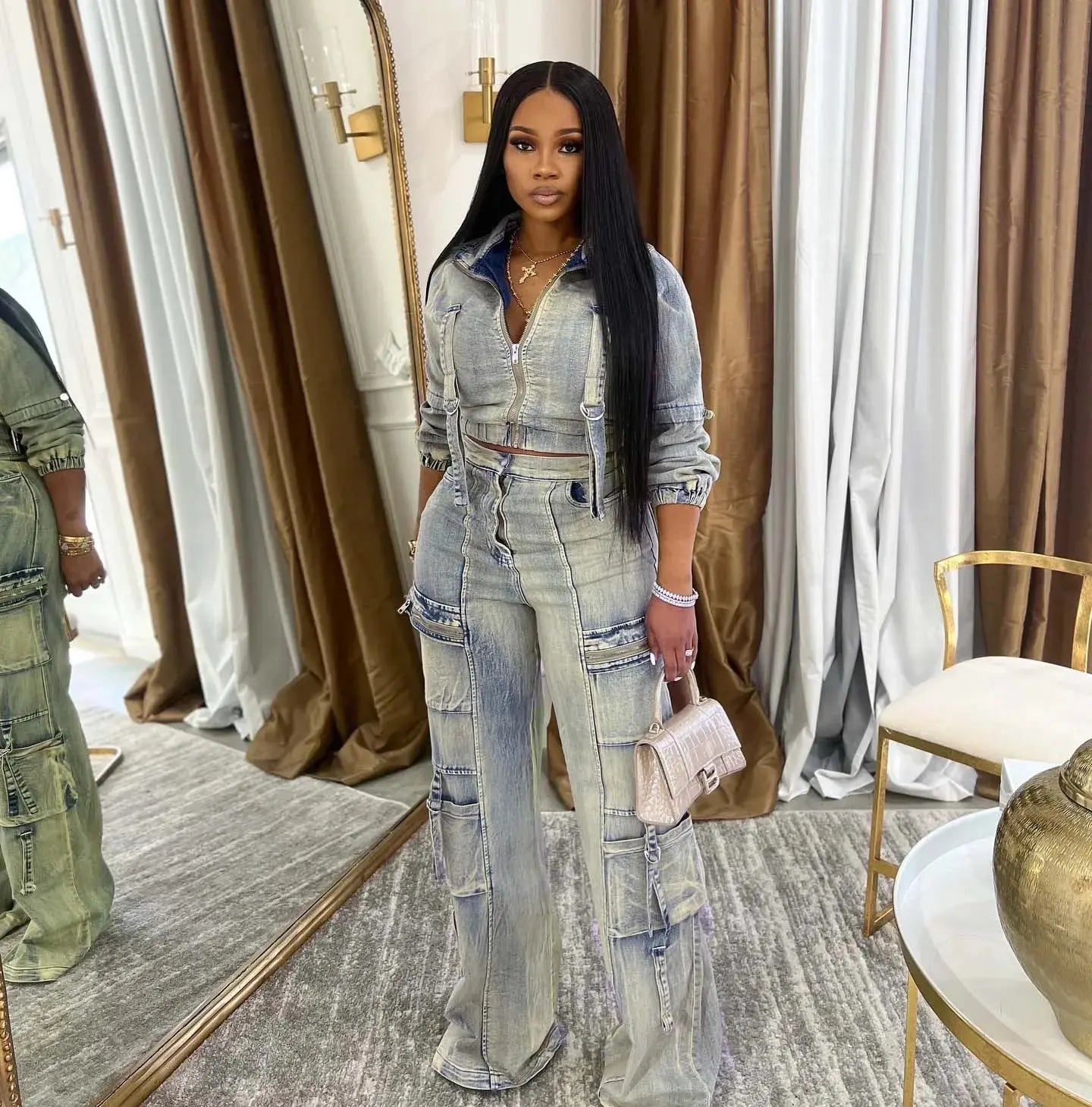 Denim Cropped Jackets 2 Piece Pant Set Sexy Outfits Y2K Streetwear 2024 Women Fall Winter Clothes Denim Jean Pant Two Piece Sets FZwear