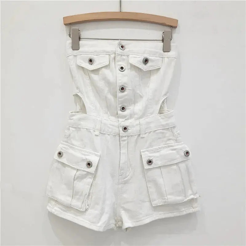 FZ Women's Single Breasted Hollow Waist Strapless Gray Denim Jumpsuit