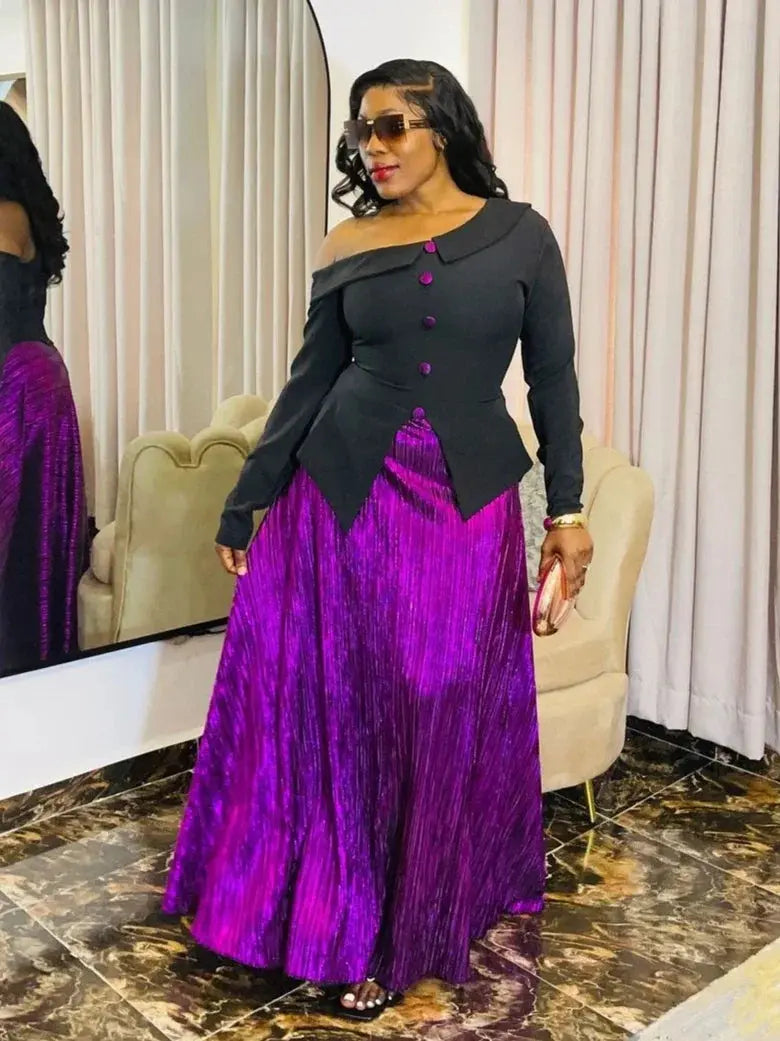 Elegant Feminine Temperament 2-piece Set Sexy Off Shoulder Button Top Purple Loose Long Skirt Wedding Party Skirt Two-piece Set FZwear