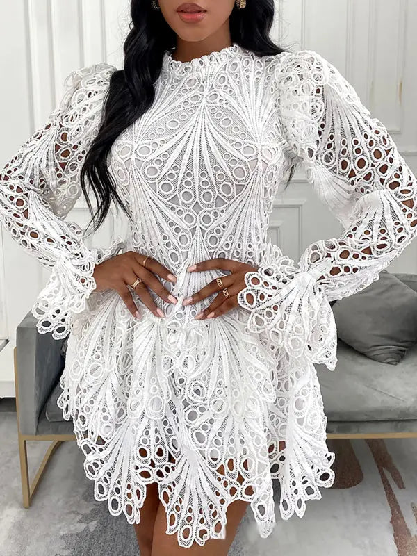 Elegant White Lace Hollow Out Dress Women 2023 New Long Sleeve Round Neck Autumn Chic Fashion Mini Bodycon Club Sexy Temperament FZwear