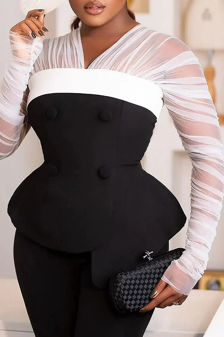 FZ Women's Plus Size Elegant See-Through Knitted Two Piece Pant Suit Xpluswear