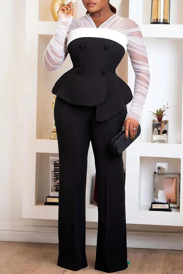 FZ Women's Plus Size Elegant See-Through Knitted Two Piece Pant Suit Xpluswear
