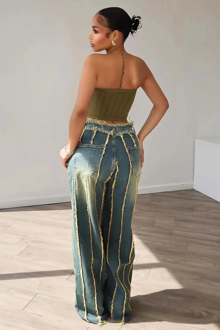 FZ Women's Raw Edge Distressed High Waist Wide Leg Denim pants Loragal