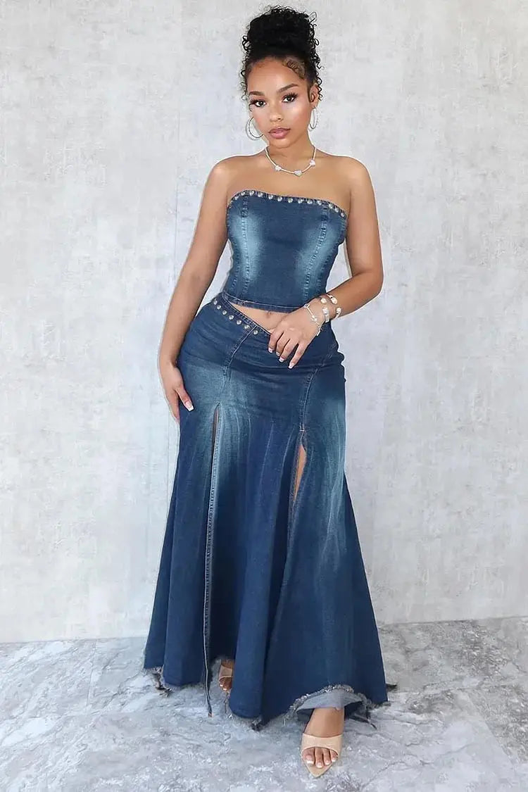 FZ Women's Studded Tube High Slit Raw Trim Vintage Matching Maxi Denim Skirt Suit Loragal