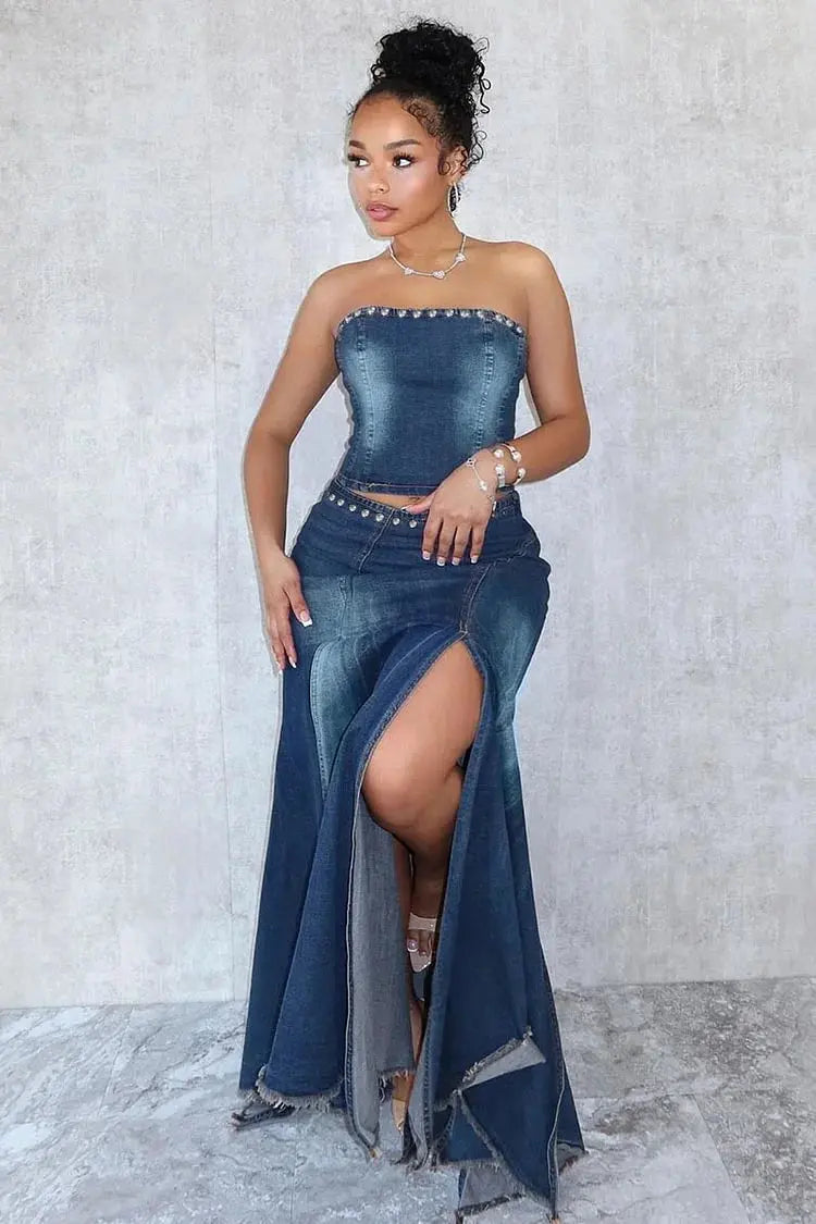 FZ Women's Studded Tube High Slit Raw Trim Vintage Matching Maxi Denim Skirt Suit Loragal