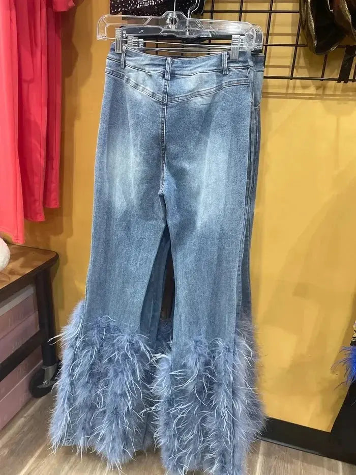 Fashion Feathers Beading Ripped Hole Denim Pants Summer High Wasit Jeans Casual Matching Y2K Streetwear Stretch Cargo Jean Pants FZwear