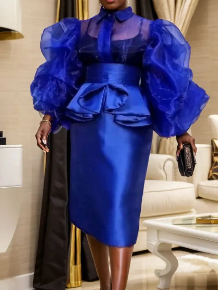 Fashion Party Style Long Sleeved Blue See Through Mesh 2-piece Set for Women's Spring Office Sexy Club Party Birthday Skirt Set FZwear