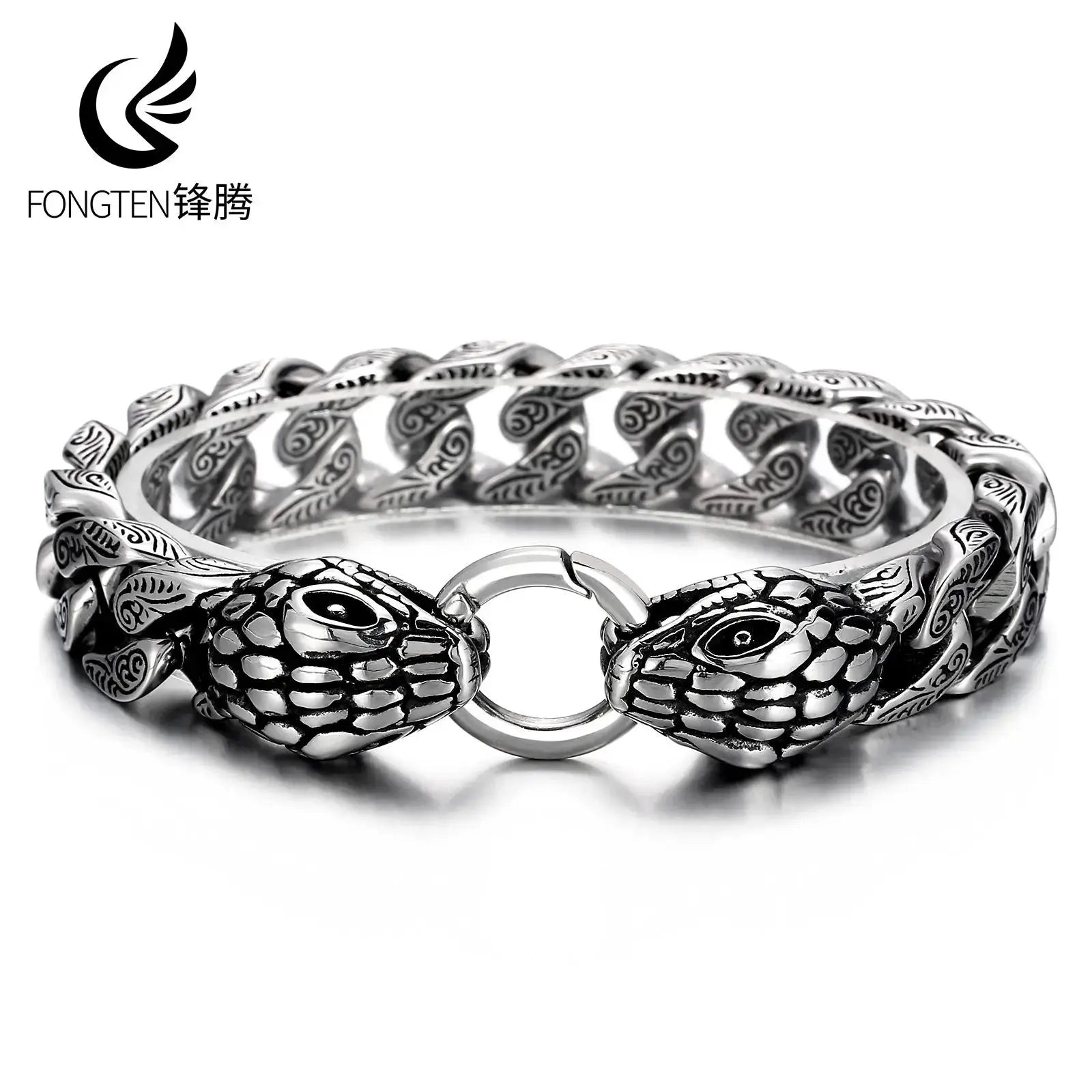 Fongten Charming Snake Head Stainless Steel Bracelet For Men Ancient Domineering Totem Cuban Chain Fashion Jewelry Party Gifts FZwear