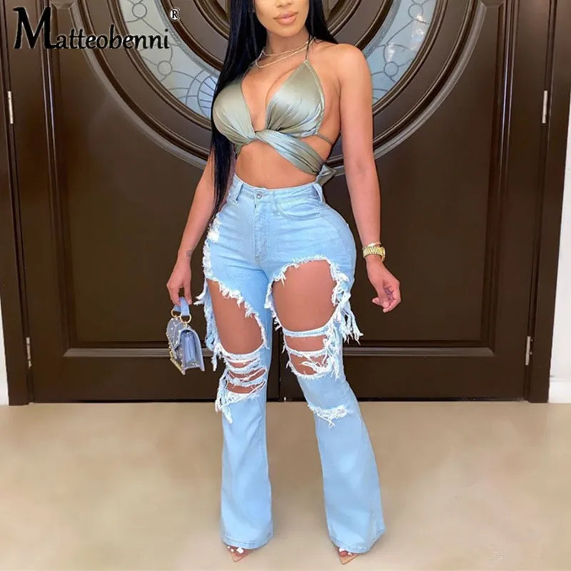 FZ Women's Retro Ripped Flare Skinny Bell Bottom High Waist Denim Pants DSers