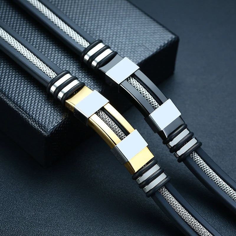 FZ Stainless Steel Grooved Rudder Silicone Mesh Link Bracelet - FZwear