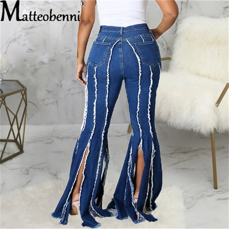 FZ Women's Flare High Waist Fringe Hole Skinny Wide Leg Bell Bottoms Denim Pants - FZwear
