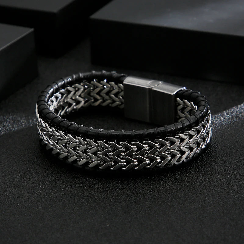 FZ Mesh Wide Stainless Steel Cowhide Leather Bracelet - FZwear