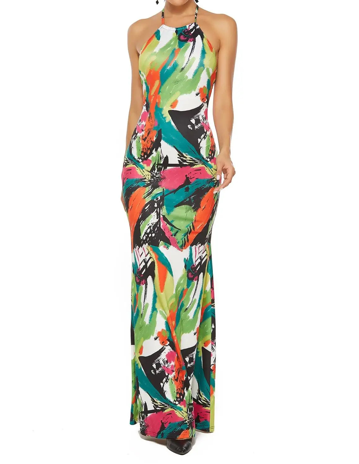 FZ Women's Printing Boho Maxi Sleeveless Halter Neck Backless Sun Dress - FZwear