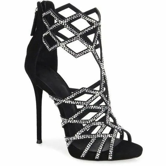 FZ Women's Small Crystal Rhombic Cut out Rhinestone Grid Gladiator Open Toe Shoes