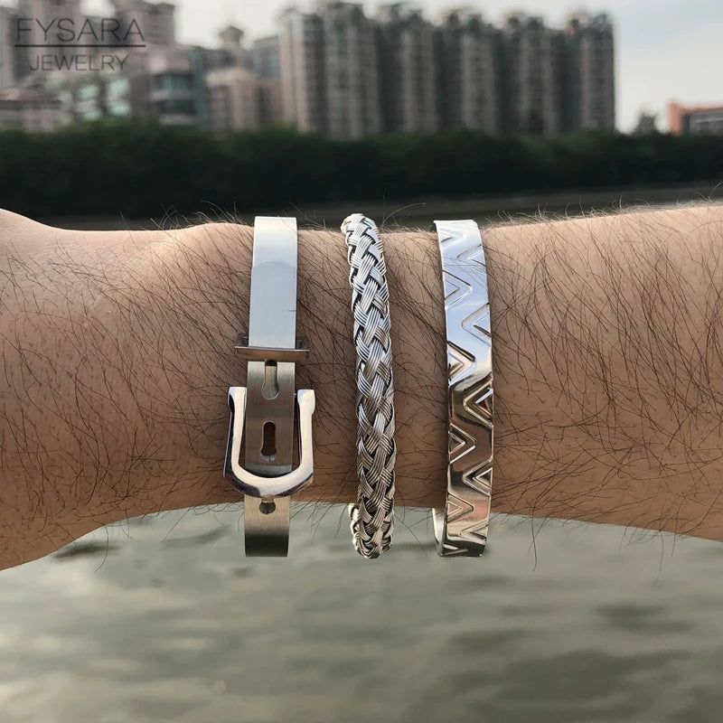 FZ 3pcs/set Luxury Stainless Steel Wristband Braiding V Shaped Cuff Bracelet