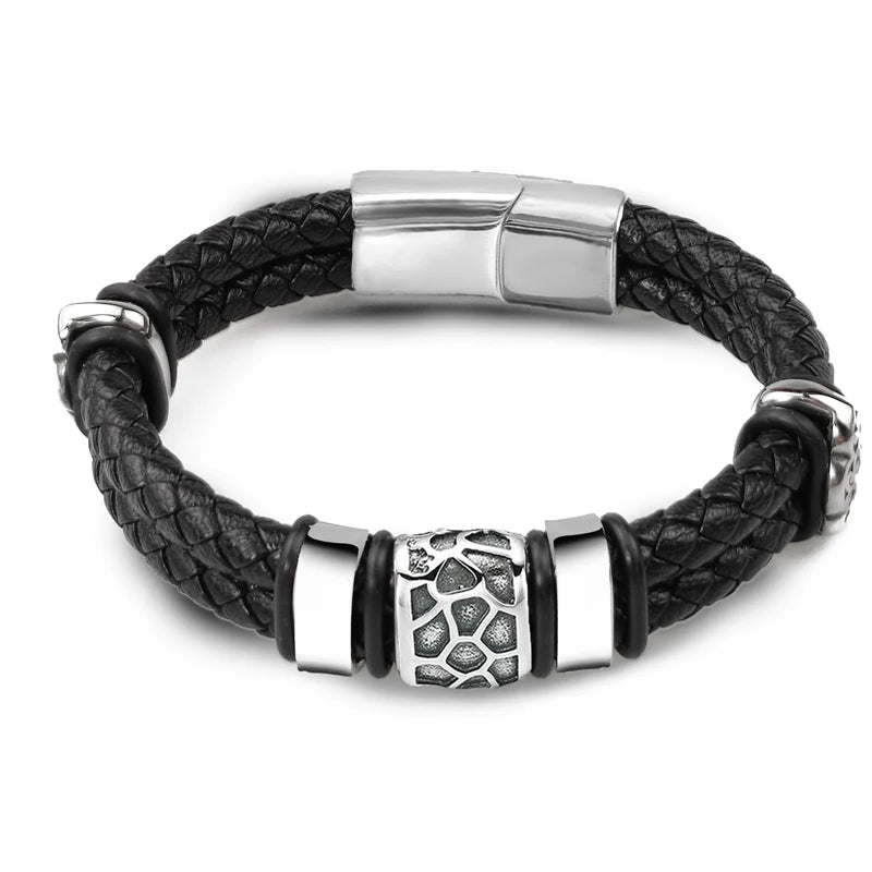 FZ Men's Stainless Steel Irregularly Cracked Genuine Braided Leather Bracelet