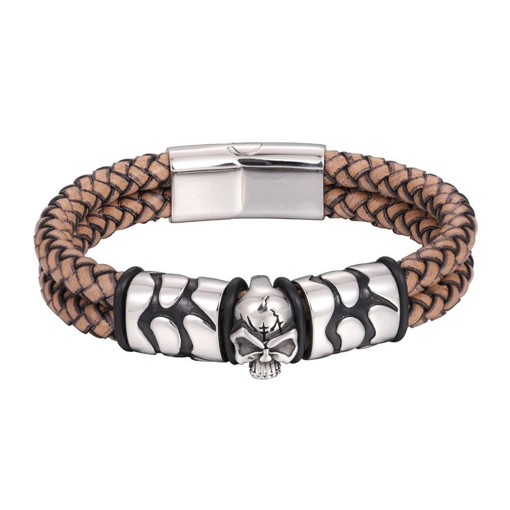 FZ Skull Double Woven Stainless Steel Magnetic Clasp Genuine Leather Bracelet