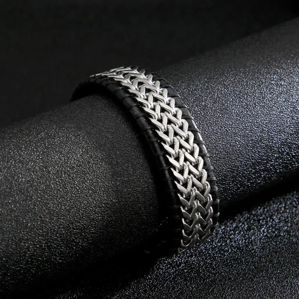FZ Mesh Wide Stainless Steel Cowhide Leather Bracelet - FZwear