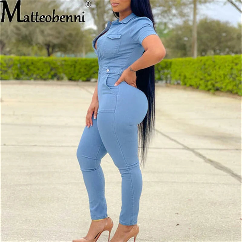 FZ Women Short Sleeve High Waist Skinny Turn Down Collar Denim Jumpsuit