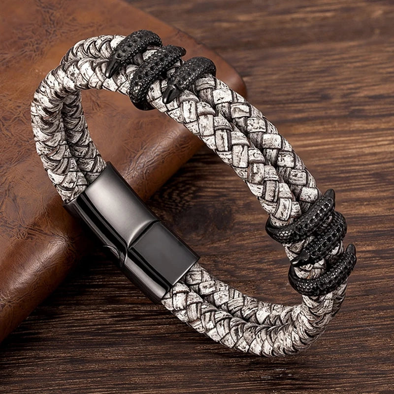 FZ Gothic Vintage Gray Braided Genuine Leather Dragon Claw Bracelet - FZwear