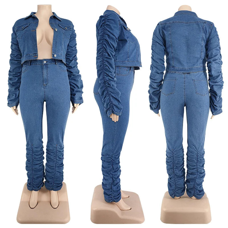 FZ Women's Plus Size Long Sleeve Denim Pant Suit