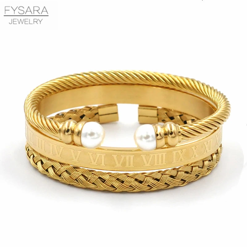 FZ 3pcs/Set Charm Pearl Cuff Roman Wire Twist Cuff Bracelets